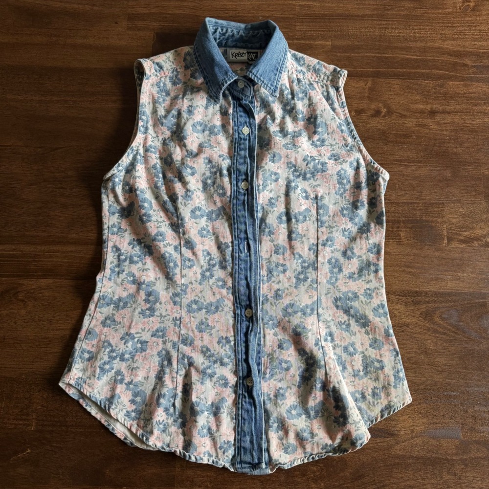 Krazy Kat Vintage Floral Sleeveless Denim Collar Button Down Shirt Medium Cotton
